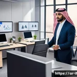 클라우드 보안과 포스트 패스워드 시대 - A modern Middle Eastern office environment with diverse Arab professionals using biometric security ...