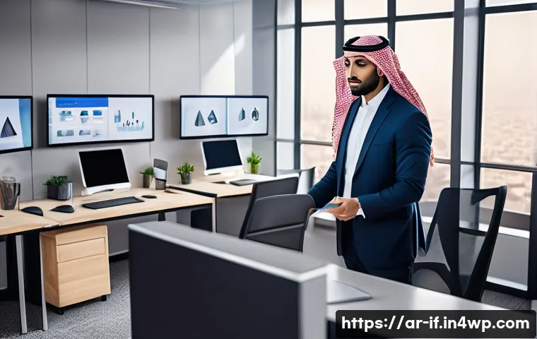 클라우드 보안과 포스트 패스워드 시대 - A modern Middle Eastern office environment with diverse Arab professionals using biometric security ...