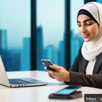 디지털 인증의 진화와 발전 - A modern Middle Eastern office setting showing a young Arab professional woman using multi-factor au...
