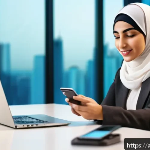 디지털 인증의 진화와 발전 - A modern Middle Eastern office setting showing a young Arab professional woman using multi-factor au...