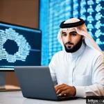 사이버 보안의 최신 트렌드 - A high-tech Middle Eastern office environment showcasing an Arabic-speaking cybersecurity profession...