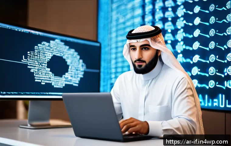 사이버 보안의 최신 트렌드 - A high-tech Middle Eastern office environment showcasing an Arabic-speaking cybersecurity profession...