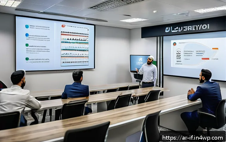 사이버 보안의 법적 요구사항 - A modern corporate training room in a Middle Eastern office setting, featuring diverse Arab employee...