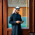 포스트 패스워드 시대에 대한 경각심 - A modern Middle Eastern office setting with a professional Arab man using a smartphone to enable mul...